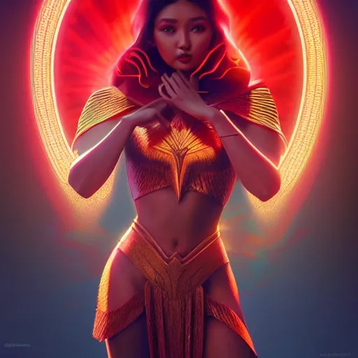 Image similar to nadine lustre as darna, volumetric lights, red and cyan theme, art nouveau botanicals, intricate, highly detailed, digital painting, artstation, concept art, smooth, sharp focus, cinematic, illustration, beautiful face, art by artgerm and greg rutkowski and alphonse mucha