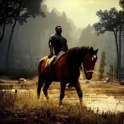 Image similar to kanye west as a horse in red dead redemption, splash art, movie still, detailed face, photorealistic facial features, cinematic lighting, dramatic, octane render, long lens, shallow depth of field, bokeh, anamorphic lens flare, 8 k, hyper detailed, 3 5 mm film grain