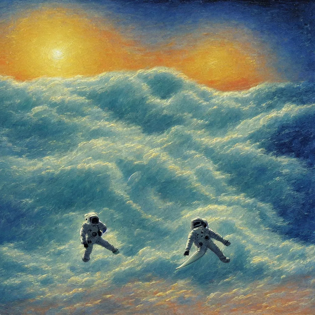 Image similar to an astronaut in a white space suit surfing a colorful wave during sunet, impasto oil painting, in the art style of Caspar David Friedrich