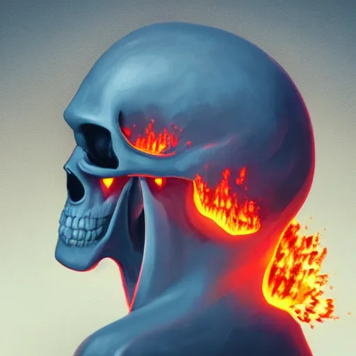 Image similar to A stunning profile of a symmetrical skull set on fire Simon Stalenhag, Trending on Artstation, 8K