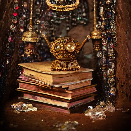 Image similar to epic vintage Photo of an ancient dark byzantine cave interior, ornate oil lamp on a pile of crystals, books covered in jewels, ornate, surrounded by strange crystals and treasure, full of sand and glitter, Indiana Jones, Tomb Raider, trending on artstation, cinematic, jewels, 35mm lens