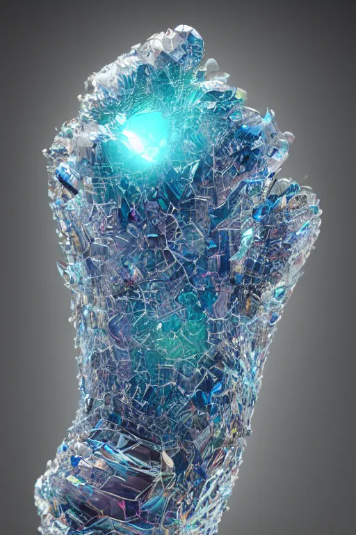 Image similar to a very beautiful crystalline hand carved from crystals and geodes, fractal, refraction, cinematic color grading, hyper - realism, elegant, detailed, octane render, 8 k