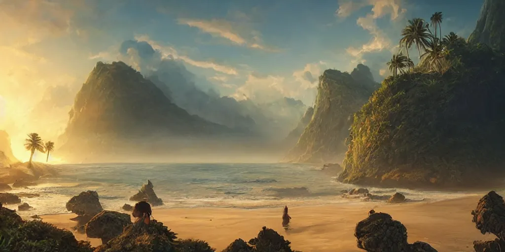 Image similar to beautiful hyper realistic island scenery at sunset, sand, tropical plants, albumcover, beautiful painting by greg rutkowski, ross tran, wlop, set in lord of the rings, starcraft, atmosphere, ethereal, magic, amazing, positive vibes