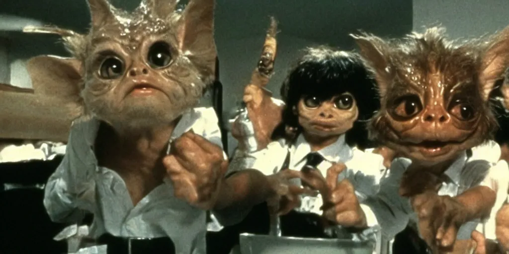 Prompt: frame from gremlins pulp fiction