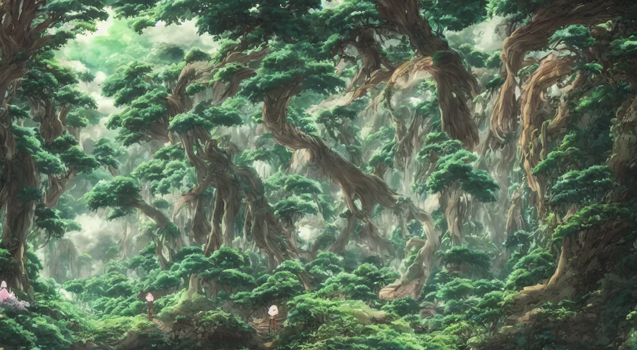 Image similar to studio ghibli anime still of a fantasy forest, magical creatures, mythical, key anime visuals