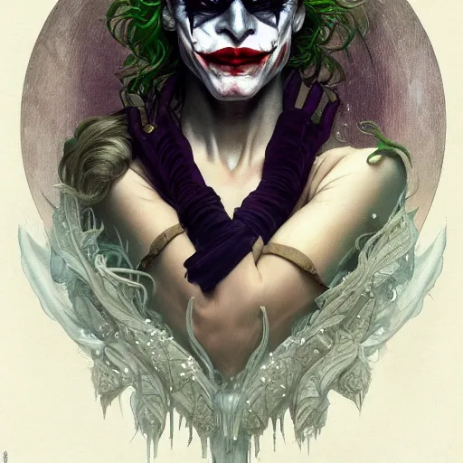 Prompt: portrait of the joker as a delicate fragile celestial queen, batman, forest, godlike, upper body, fantasy, intricate, elegant, highly detailed, digital painting, artstation, concept art, sharp focus, illustration, art by artgerm and greg rutkowski and alphonse mucha