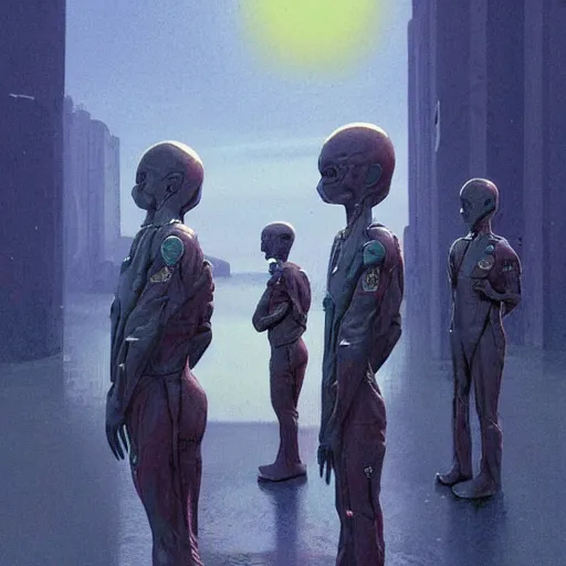 Image similar to unsettling, noble rubbery albino with thin lips, huge eyes and suspicious expression, wearing science fiction police uniform by docks at sunset, by deak ferrand, wayne barlowe, simon stalenhag, and greg rutkowski
