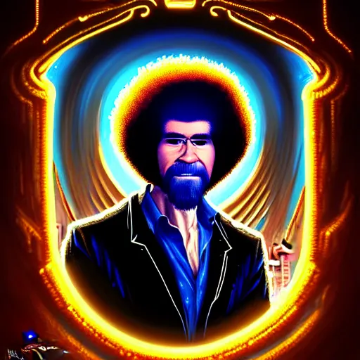 Prompt: bob ross with extremely large and intricate eye cyberpunk bionics with angry blue eyes and slim features looking askance, eye cyberpunk bionics, retro futurist style, intricate, elegant gleaming intricate baroque jewelry, angelic halo, highly detailed, digital painting, artstation, concept art, smooth, sharp focus, illustration, art by wlop, mars ravelo and greg rutkowski,