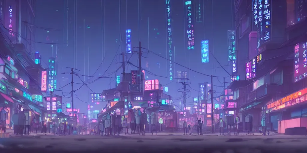 Prompt: a close up of a 'Seoul city' in the atmospheric solarpunk anime film, gouache matte background painting, neon noir, at night with lights, by makoto shinkai, in the anime series ergo proxy, beautiful specular edge highlights and rim lighting