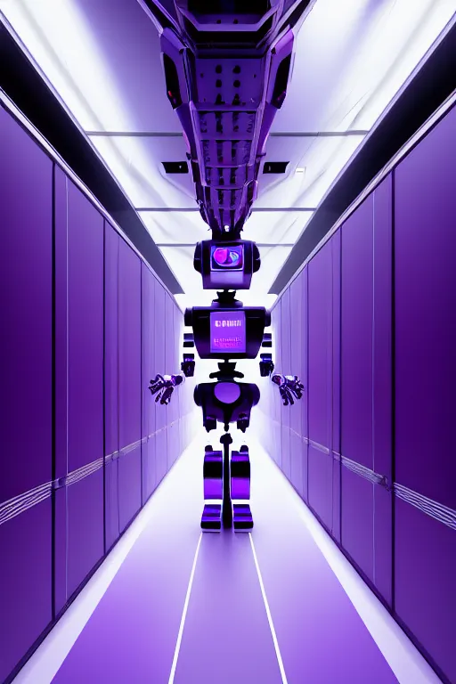 Image similar to hyperrealistic medium shot robot! in data center server building highly detailed concept art eric zener elson peter cinematic hard purple lighting high angle hd 8 k sharp shallow depth of field, inspired by david paul cronenberg and zdzisław beksinski