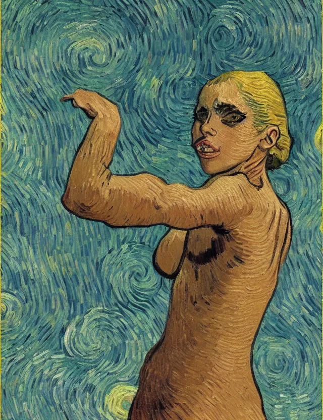 Image similar to a painting of clothed lady gaga by vincent van gogh, dynamic pose, intricate detail, 8 k resolution