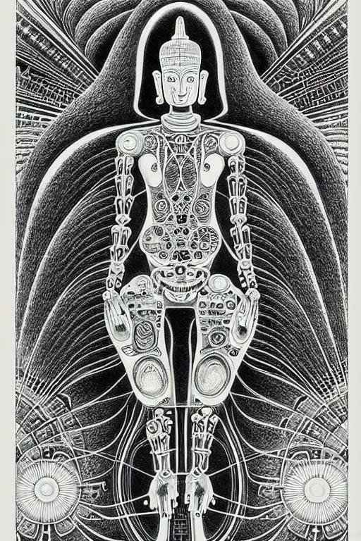 Prompt: a black and white drawing of awakened android biomechanical buddha meditating, bioluminescence, a detailed mixed media collage by eduardo paolozzi and ernst haeckel, intricate linework, sketchbook psychedelic doodle comic drawing, geometric, deconstructivism, matte drawing, academic art, constructivism