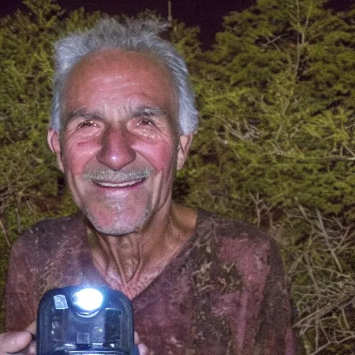 Image similar to a smiling old man spotted on a trail cam at night