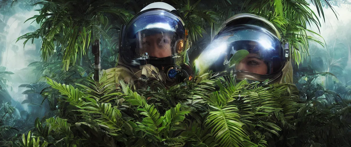 Prompt: close - up portrait of space astronaut flying inside tropical jungle with palm leaves, small foggy and gloomy, blue helmet lights, 6 0 mm full - frame, bokeh background, highly detailed science fiction illustration by jeremy geddes. photorealistic, octane render, hyper detailed, 8 k, movie still, artstation, unreal engine