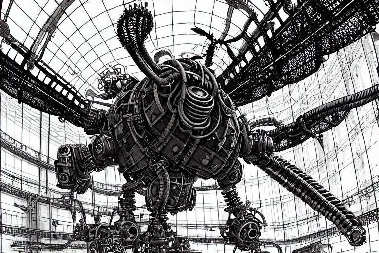 Image similar to dieselpunk huge robotic dragonfly, inside an gigantic underground concrete doom hangar, interior structure, drains, storm drains, jungle, vines, algea, cables, panels, walls, ceiling, floor, doors, brutalist architecture, intricate ink drawing, highly detailed in the style of Ashley Wood, moebius and Tsutomu Nihei, photorealistic, cinematic, intricate detail, well lit,