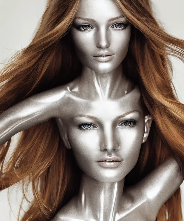 Image similar to realistic portrait of a silver robot is watching tv and tv displays a victoria's secret model in detail and the robot's face is partially moprhed into an exact copy of the model, realistic, 4 k