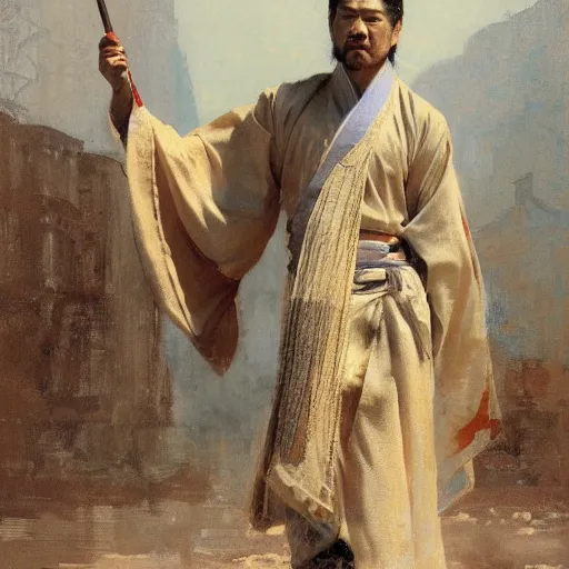 Image similar to a man wearing hanfu, muscular, painting by Gaston Bussiere, Craig Mullins