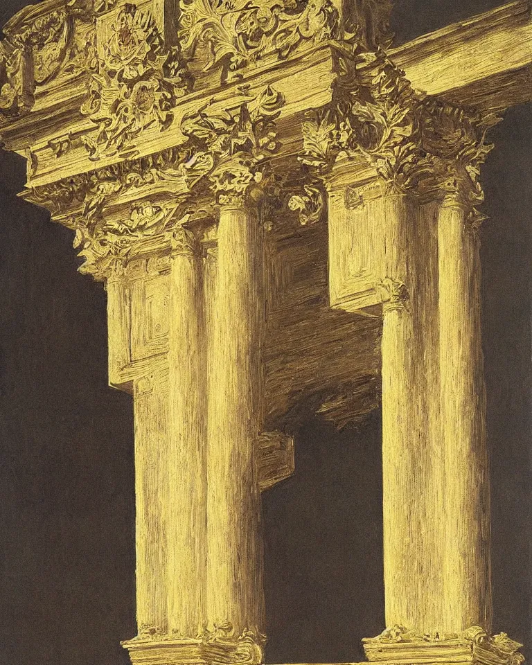 Prompt: achingly beautiful painting of intricate ancient roman corinthian capital on 2 2 k gold background by rene magritte, monet, and turner. giovanni battista piranesi.