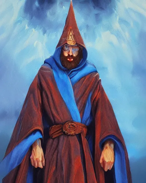 Image similar to Hyper realistic painting of a wizard in a blue robe, by Anato Finnstark, detailed, beautiful, trending on artstation