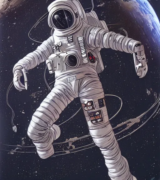 Image similar to cyberpunk astronaut with long limbs on a spacewalk outside of their ship, techwear, Industrial Scifi, detailed illustration, character portrait, by Martin Grip and Moebius