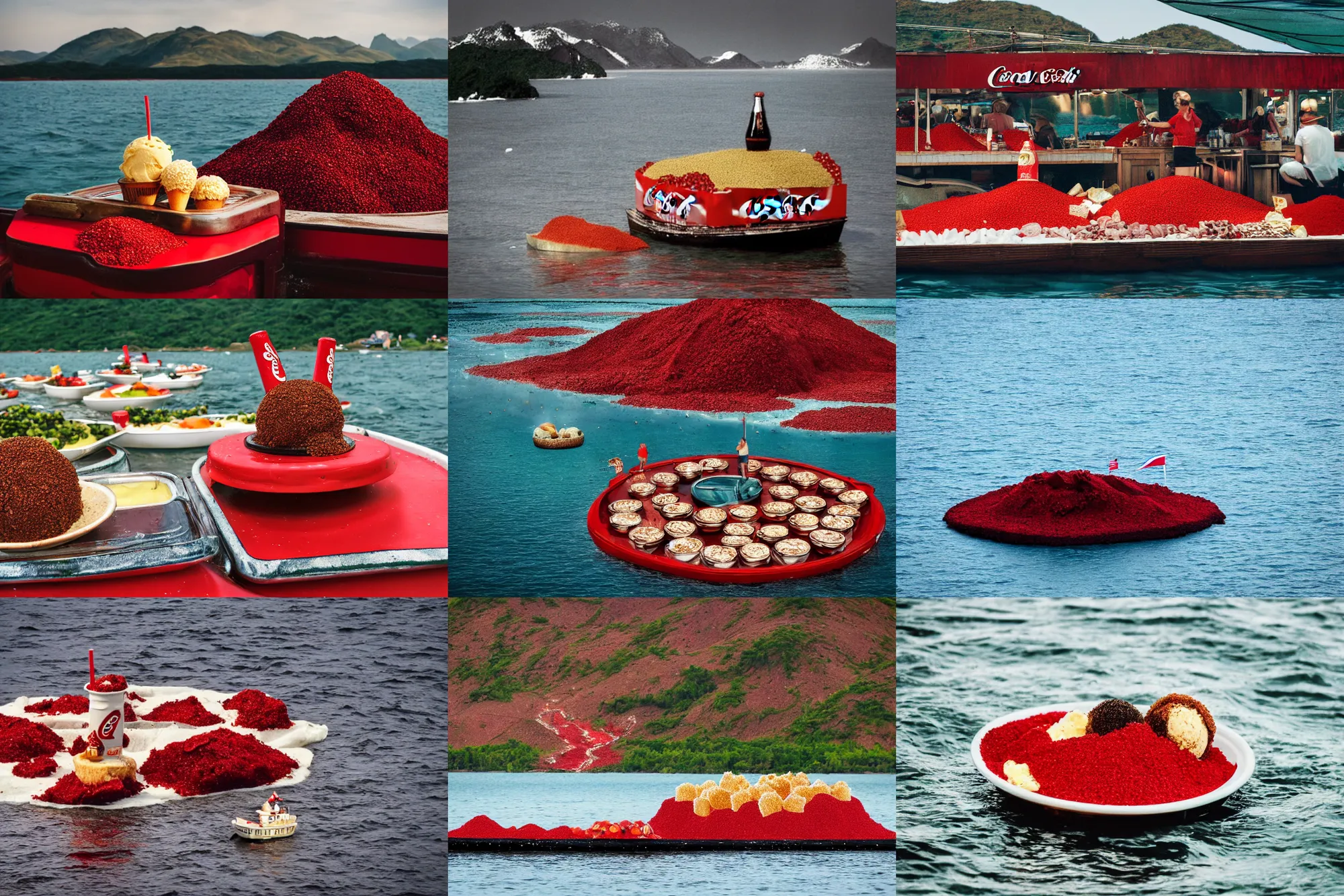 Image similar to an island made of food, around the island instead of water coca - cola ( dark brown ), instead of sand red caviar, instead of mountains ice cream with cherries, photo taken from a boat, 3 5 mm, cinematic