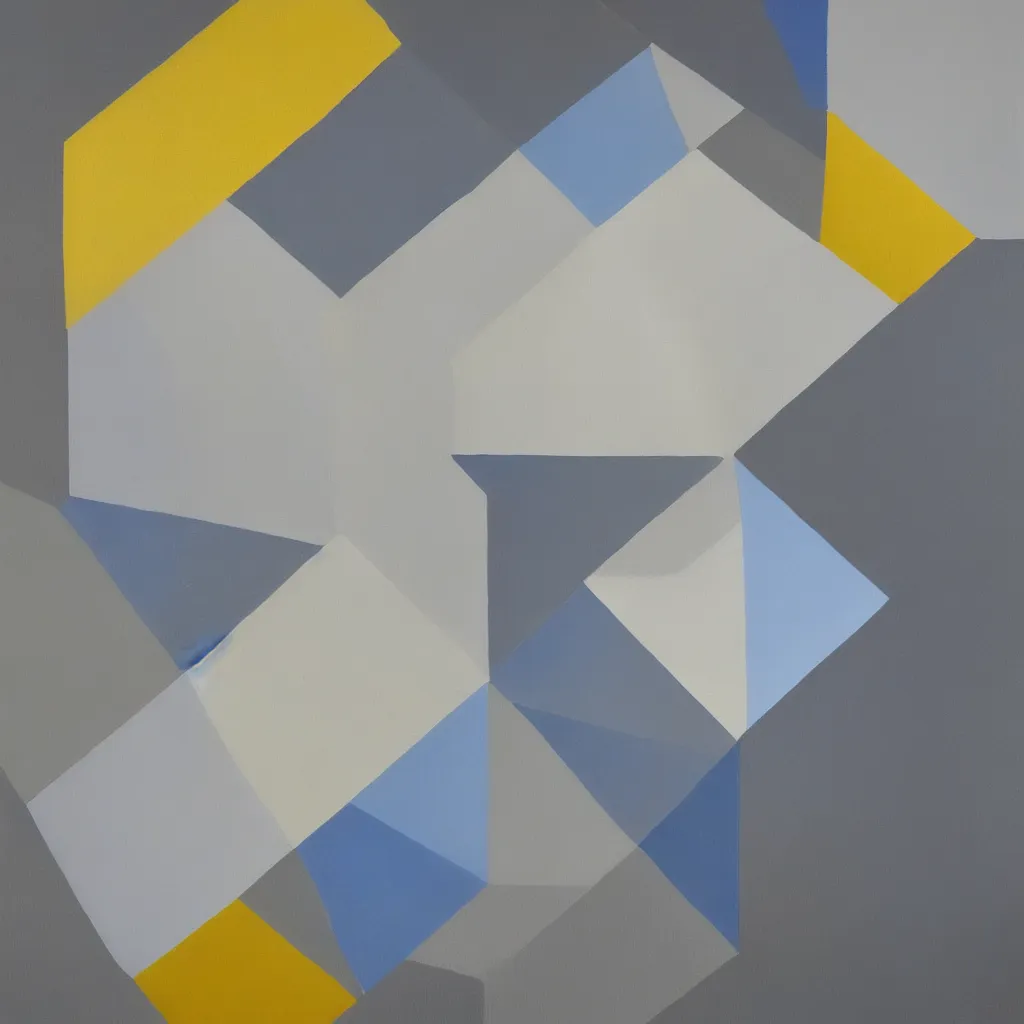 Image similar to 3 dimensional solid large geometric of solid oil paint, with strong top right lighting creating shadows, colours cream naples yellow and blue - grey