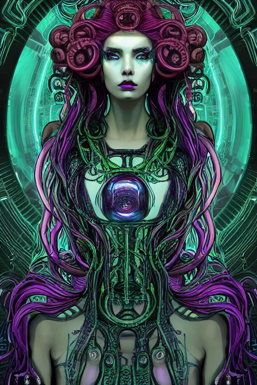 Image similar to Perfectly-centered Hyperdetailed symmetrical cinematic RPG portrait-illustration of a beautiful aetherpunk cyberpunk Medusa in a long neon-noir otherworldly dress while her hair is made of huge ravepunk snakes. She's standing next to lovecraftian towers in a surreal landscape with a cosmic background, style of an epic sci-fi comic-book cover, 3D rim light.