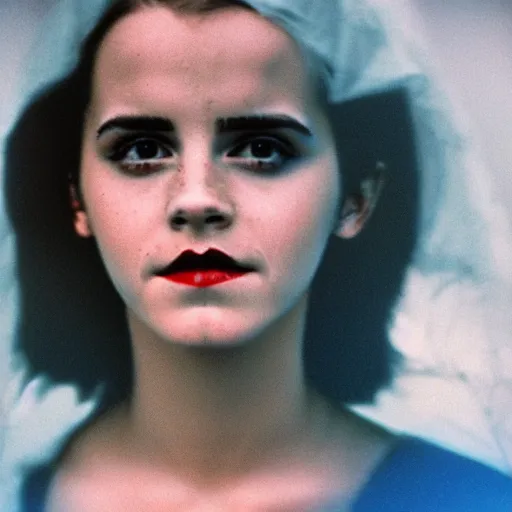 Image similar to emma watson, halloween costume, award winning, kodak ektachrome expired blue tint,