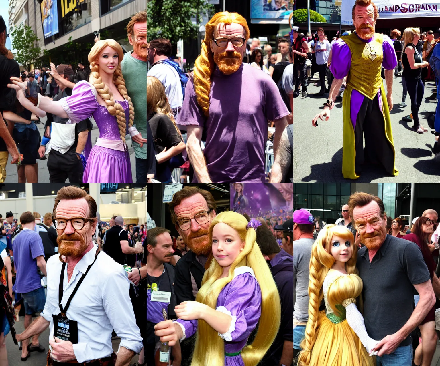 Prompt: candid street photograph of Bryan Cranston at ComicCon dressed as Rapunzel, cosplay