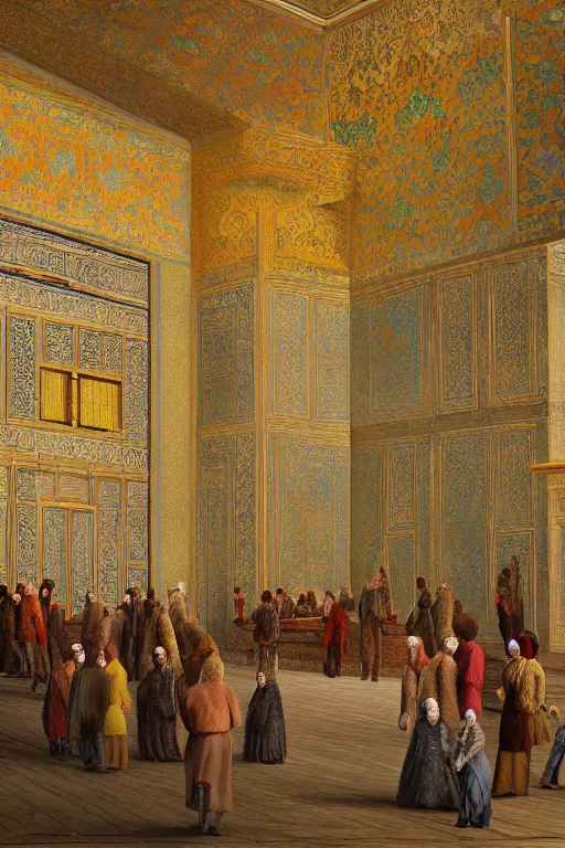 Image similar to a detailed painting of the interior of the Topkapi Palace in Ottoman Empire with people. By Robert Bechtle, Paul Kratter, Geri Keary, Simon Stålenhag. Digital art, CGSociety, Octane. Trending on ArtStation, 8k, UHD, HDR