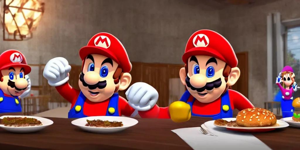 Image similar to Super Mario sitting next to a table eating some delicious hamburgers, digital art, wide shot, highly detailed, hyperrealistic, photorealistic, unreal engine 5, very detailed, emotional, made by a professional 3d artist, dynamic lighting, trending on artstation, 4k uhd, epic composition, masterpiece