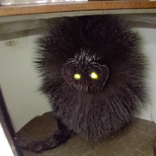 Image similar to strange creepy fuzzy creature found in the cabinet under a sink, dark photograph