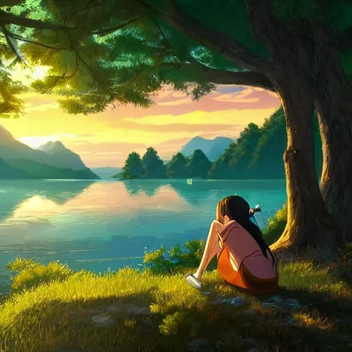 Image similar to a masterpiece detailed beautiful landscape, trees, lake, mountains, golden hour, sunset, a girl listening music, by Makoto Shinkai