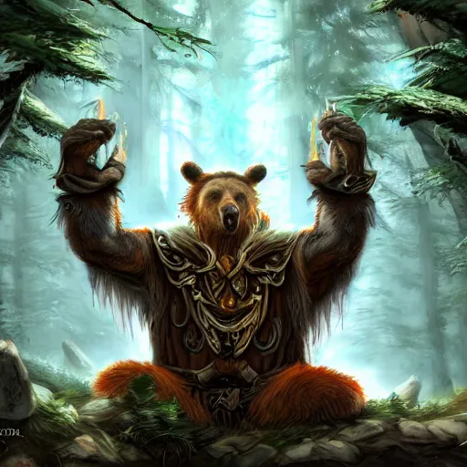 Image similar to elven druid summoning bears in the forest, diablo 2 inspired, trending on artstation, ultra fine detailed, hyper detailed, hd, concept art, digital painting