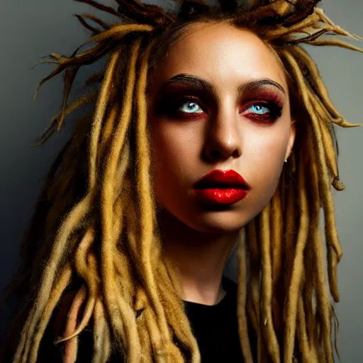 Prompt: instagram modeling headshot photography flawless young beautiful female with blonde and red dreadlocks in a black ballgown, dark, piercing clear eyes, symmetrical golden ration exotic stoic expression, photorealistic, highly detailed, mysterious lighting, smooth, sharp focus, 8 0 mm camera