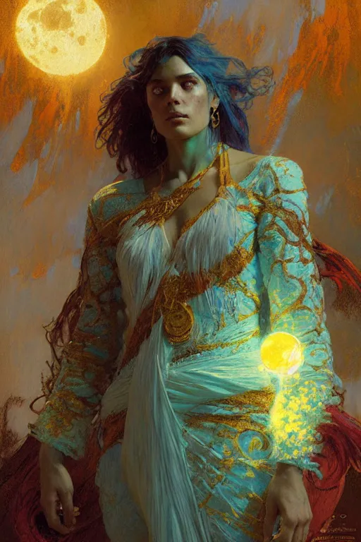 Prompt: pearlescent turquoise moon sorcerer, character design, painting by gaston bussiere, craig mullins, greg rutkowski, alphonse mucha