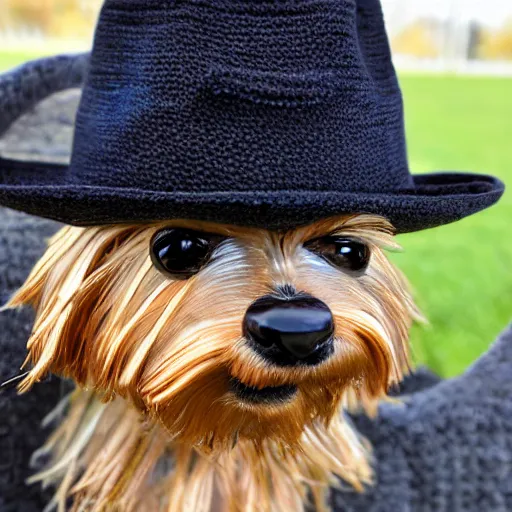 Image similar to a closeup photorealistic smiling knitted plush yorkshire terrier wearing a fedora hat.