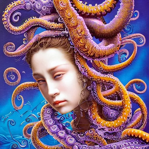 Prompt: purple - eyed girl with tentacles on her head, photo realistic, face enhanced, detailed and intricate by alex grey, lisa frank, ayami, kojima, amano, karol bak, greg hildebrandt, mark brooks,, takato yamamoto, beksinski