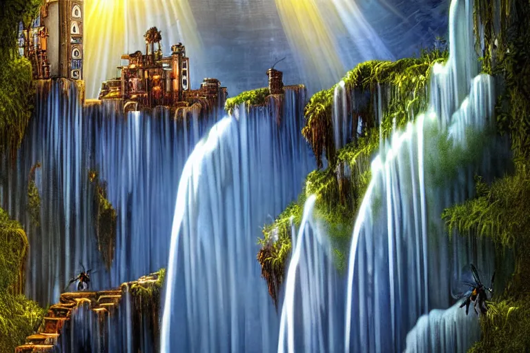 Prompt: gothic waterfall favela honeybee hive, art nouveau environment, crepuscular rays, industrial factory, award winning art, epic dreamlike fantasy landscape, ultra realistic,