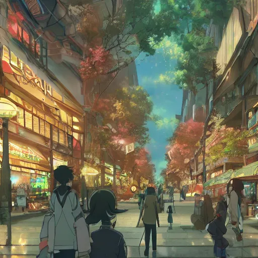 Prompt: city shopping district mixed with a magical forest, anime, by makoto shinkai, highly detailed, artstation, outside