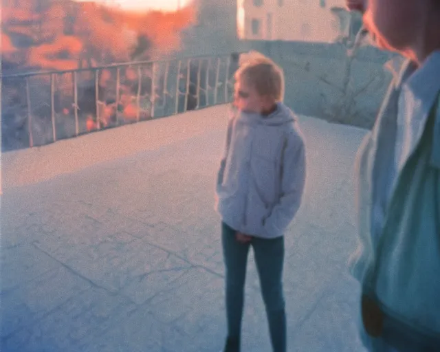 Image similar to lomo photo of pair standing on small hrushevka balcony full with cigarette smoke in small russian town looking at sunset, cinestill, bokeh