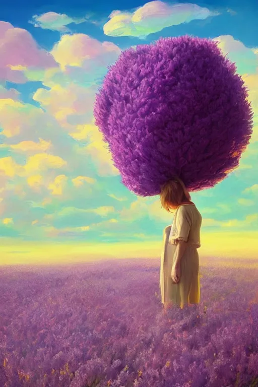 Image similar to portrait, giant lilac flower as head, girl in heather field, surreal photography, golden hour, colorful clouds, impressionist painting, digital painting, artstation, simon stalenhag