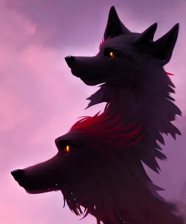 Prompt: award winning painting of a anthropomorphic black male wolf fursona long red hair | | concept art, volumetric lighting, highly detailed, photorealistic, by greg rutkowski and cory loftis trending on artstation