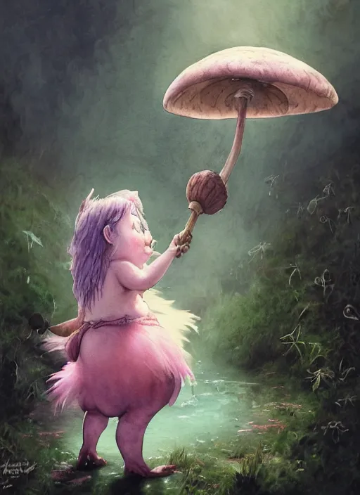 Prompt: A fat goblin princess with a tattered pink tutu, mushroom parasol watercolor, dramatic lighting, cinematic, establishing shot, extremely high detail, foto realistic, cinematic lighting, pen and ink, intricate line drawings, by Yoshitaka Amano, Ruan Jia, Kentaro Miura, Artgerm, post processed, concept art, artstation, matte painting, style by eddie mendoza, raphael lacoste, alex ross
