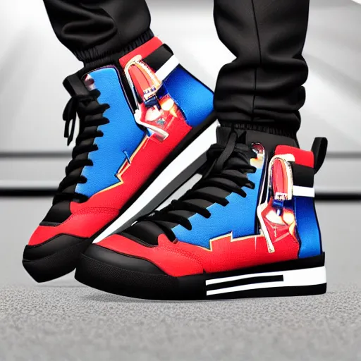 Prompt: sneakers with the colors of optimus prime with mechanical detailing, hyperrealistic, high resolution