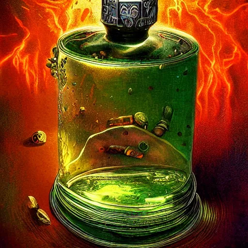 Prompt: A richly detailed fantasy digital art of an ancient vintage apothecary magic arcane nebula healing elixir potion bottle trading card an esoteric blender render by Bob Eggleton