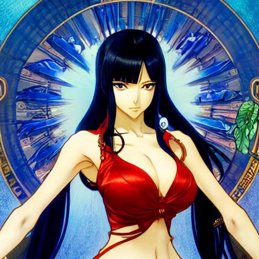 Image similar to highly detailed vfx portrait of nico robin by eiichiro oda, makoto shinkai, alphonse mucha, sharp focus, art by artgerm and greg rutkowski!, backlit, harsh overhead sunlight, blue eyes, stanley kybric, yusuke murata, hiroya oku, makoto yukimura, pixiv, fanbox,