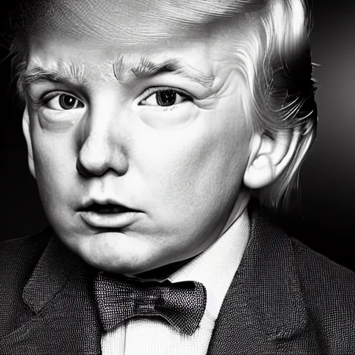 Prompt: award-winning portrait photo of Donald Trump as a child, black background, dramatic lighting