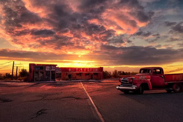 Image similar to a sunset light landscape with historical route 6 6, lots of sparkling details and sun ray ’ s, blinding backlight, smoke, volumetric lighting, colorful, octane, 3 5 mm, abandoned gas station, old rusty pickup - truck, beautiful epic colored reflections, very colorful heavenly, softlight