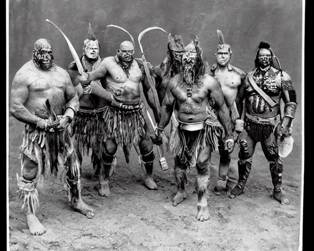 Image similar to group vintage photograph of a real fantasy warrior orc tribe, tall, muscular, armored, tribal paint, highly detailed